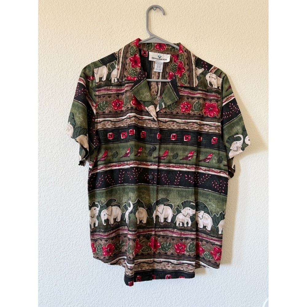 Erin London Womens Blouse Shirt Green Elephant Print Silk Linen Small - Picture 2 of 13
